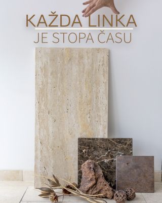 Přírodní umění ukryté v kameni. Travertin řezaný ve směru žíly odhaluje struktury a linie, které se tvořily miliony let....